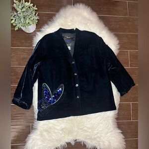 Chico’s deep navy w/ butterfly silk/velour shacket sz 3/XL